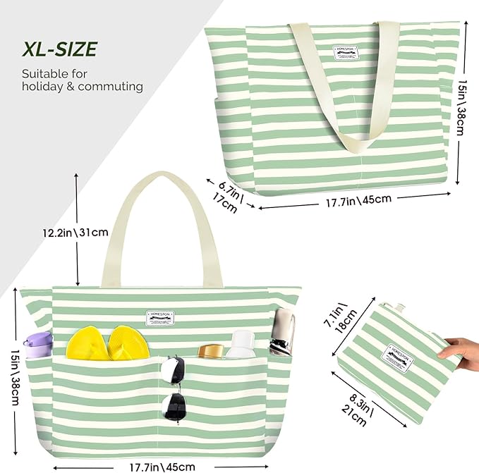 HOMESPON Large Waterproof Beach Bag for Women Sandproof Tote Bag Pool Bag with Zipper and Pockets for Travel Vacation Gym