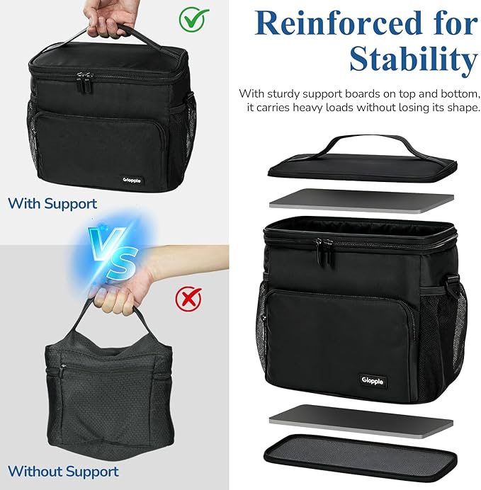 Gloppie Flight Crew Lunch Bag with Luggage Trolley Sleeve - Professional Insulated Cooler Bag for Flight Attendants & Pilots, Leakproof Lunch Box with Reinforced Structure for Travel & Work, Black