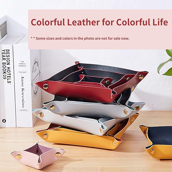 Leather Valet Tray for Men Women, Small Leather Catchall Desk Organizer, Key Holder for Entryway Table, Collapsible Travel Snap Tray (Silver + Pink)