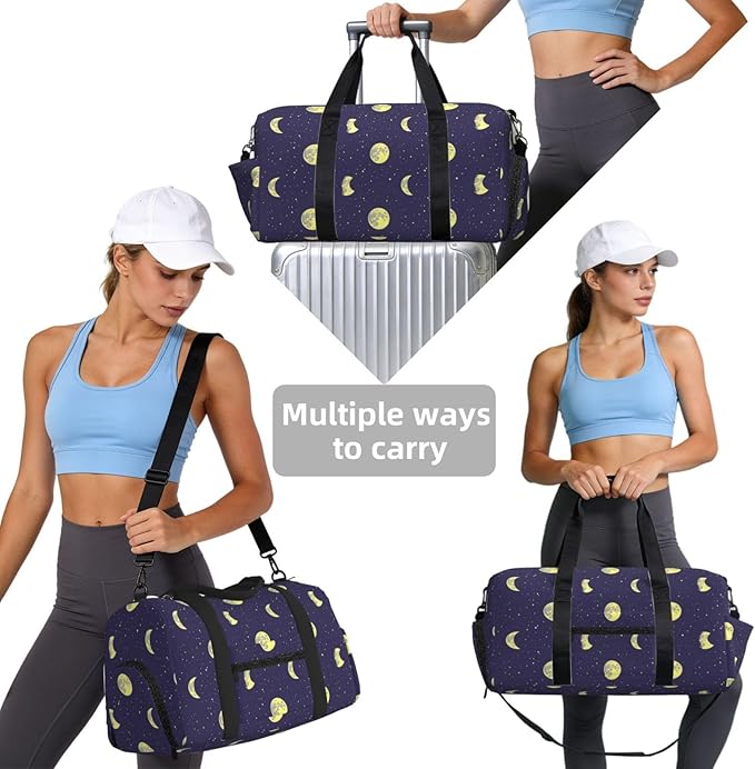 Sky with Moons Stars Print Gym Bag with Shoe Compartment for Women Men, 17.7in Sports Duffle Weekender Tote, Overnight Travel Duffel Bag Carry On