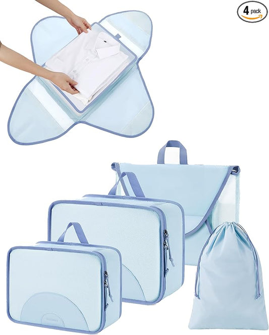 BAGSMART Garment Folder Packing Cubes for Travel, 4 Set Lightweight Travel Cubes for Wrinkle Free, Durable Suitcase Organizers Bag Set for Travel Essentials Sky Blue