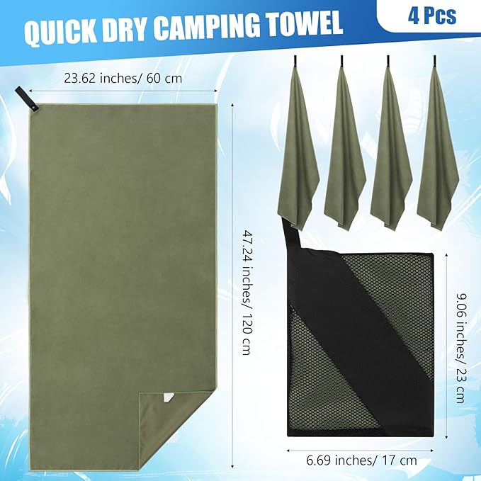 4 Pcs Quick Dry Camping Towel Absorbent Microfiber Travel Towel 47.24'' X 23.62'' Travel Wash Cloth Set for Backpacking Camping Beach Gym Sports Yoga Swimming Pool