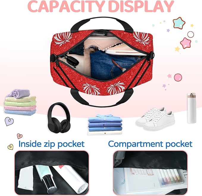 Personalized Travel Sports Bag for Teens, Custom Name Cheerleader Dance Gym Overnight Small Duffel Tote Bag for Practice Gymnastics Ballet, Red Glittering Cheerleading