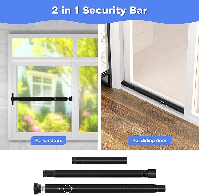 Sliding Door Security Bar,16 to 51 Inch Adjustable Sliding Patio Door Window Security Bar Stopper, Child Proof Window Locks Security Bars, Black Heavy Duty Sliding Glass Door Lock Bar