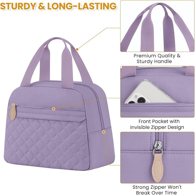 Insulated Lunch Bag for Women, Portable Lightweight Lunch Box for Adults, Reusable Small Lunch Tote Cooler Bags with Front Zipper Pocket for Work School Picnic(Purple)