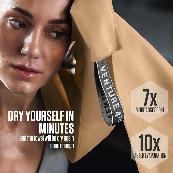 VENTURE 4TH Quick Dry Towel. Microfiber Travel Towel Ideal for Camping, Hiking, Backpacking, Gym. Lightweight & Fast Drying Travel Towels for Body. Compact & Easy to Pack - Beige Large