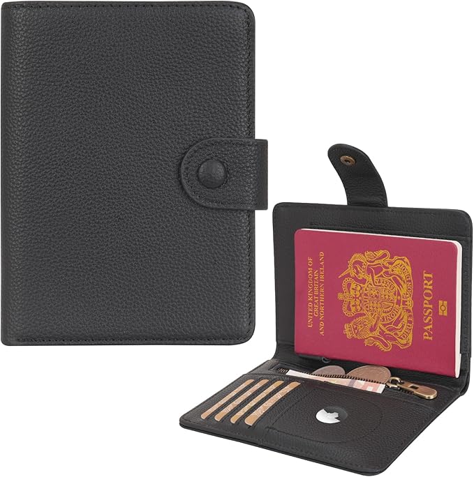 WASON Leather Passport Cover Wallet - Travel Passport Holder with RFID, Card Slots, Cash Pocket, Coin Purse, Tracker Slot, Boarding Pass and Ticket Organizer for Men and Women (Black)