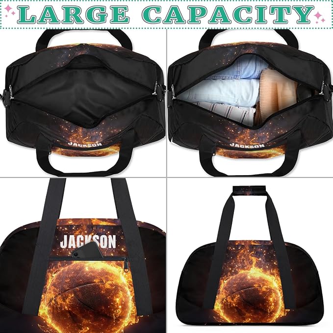 Custom Flame Basketball Gym Duffel for Kids Boys,Personalized Duffel Bag Overnight Bags for Travel Weekender Practice