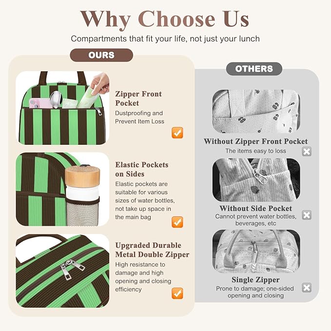 Lunch Bag Lunch Box for Women, Cute Corduroy Insulated Reusable Work Leakproof Simple Adults Large Lunch Boxes Tote Bag Men Cooler Bag