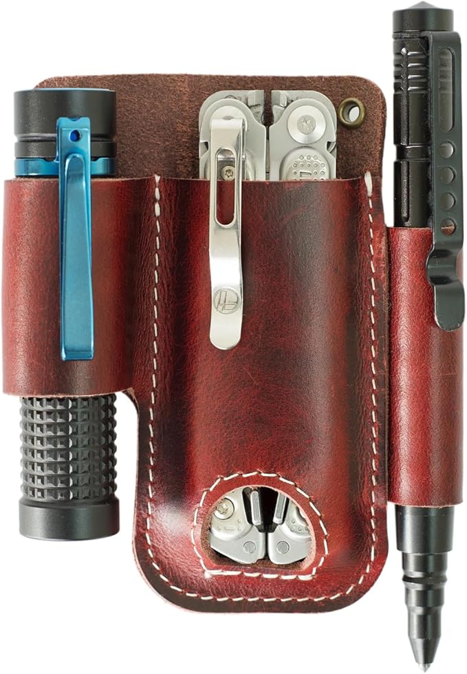 EDC Pocket Organizer For Belt (Premium Leather) - Urban Tool Holster | Multitool Sheath | Tactical Belt Knife Pouch with Belt Clip (Extra Dark Brown) by ATQANA®