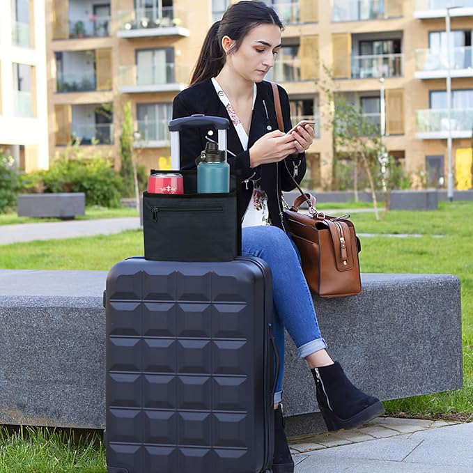 Luggage Travel Cup Holder Attachment for Suitcase Drink Carrier Caddy, Coffee Mug and Tumblers, Traveler Carry on Hands Free Accessory- Gifts for Flight Attendants Travelers Accessories- Navy