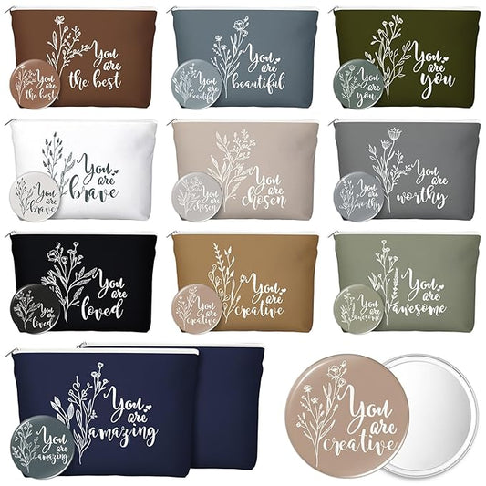 40 Pcs Employee Appreciation Gifts For Women Inspirational Canvas Makeup Bags Portable Compact Mirror Bulk Cosmetic Bags Thank You Gifts for Social Worker Coworkers (Bohemian,Boho)