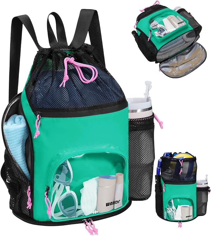 WANDF Swim Bag with Wet Pockets, Sandproof Beach Backpack with 40oz Tumbler Side Pockets, Mesh Drawstring Backpack Swim Bag for Swimming, Pool, Gym and Workout Gear (Green)