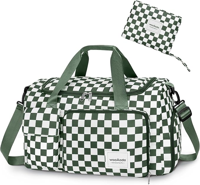 WOOMADA Foldable Travel Duffel Bag for Women, Weekender Bags with Shoes Compartment,Overnight Bag with Wet Pocket & Trolley Sleeve(green checkerboard)