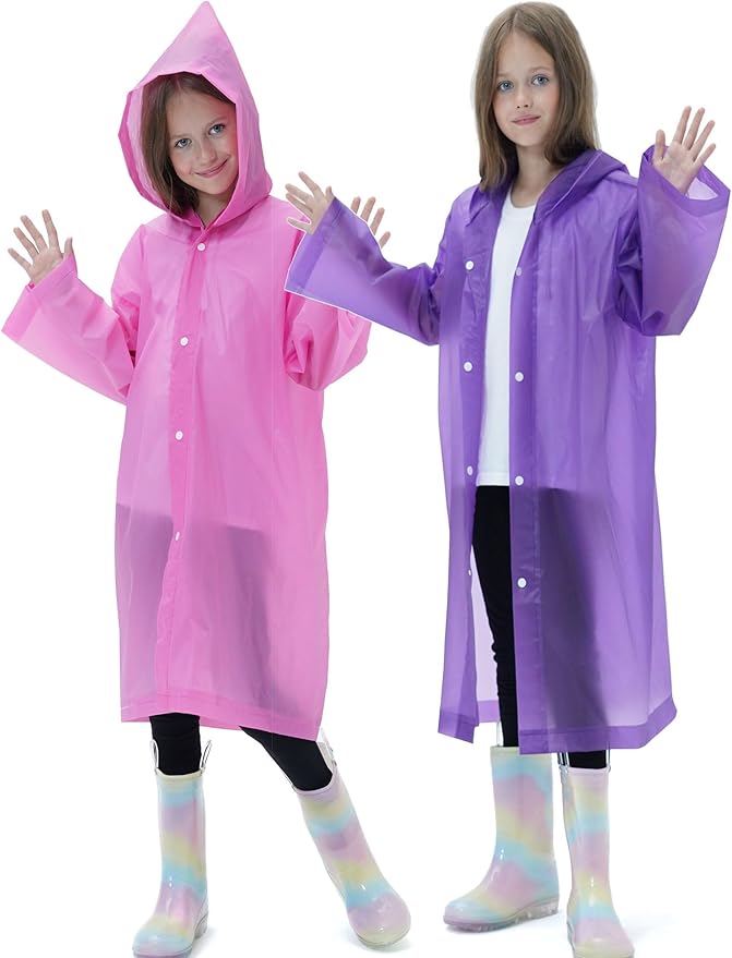 2 Pack Raincoats for Kids, Reusable Rain Ponchos with Hood and Sleeves Rain Coats for Boys and Girls