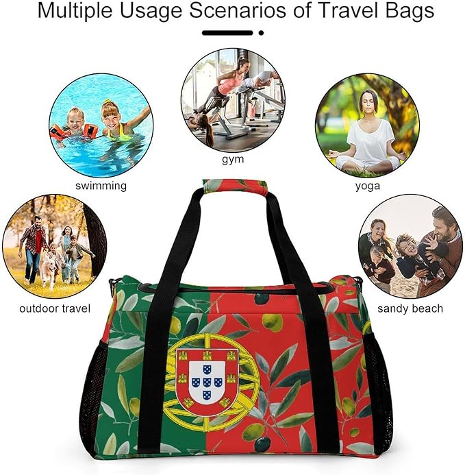 Portugal Flag Portuguese Olives Duffle Bag Gym Bag for Workout Travel Tote with Detachable Straps