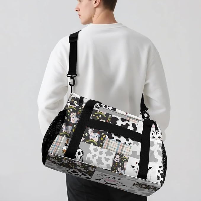 Personalized Name Sports Player Duffel Bags with Adjustable Shoulder Strap for Shoes Silver Gray Patchwork Cow Pattern Handheld Crossbody Travel Bag