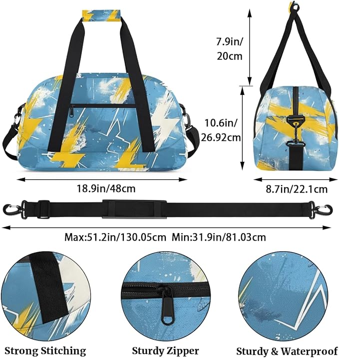 Lightning Gym Travel Duffle Bag for Women & Men with Front Zipper Pocket for Sports, Overnight, Weekender, Carry On,Workout & Dance Bag,Golden Lightning,18.9 * 8.7 * 10.6 in