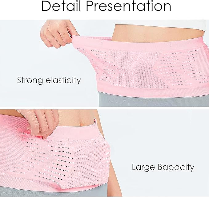 Slim Running Belt, No-Bounce Hidden Waist Pack with 360° Opening for Soft Flask, Cellphones, Keys or Gels, Pink, Large