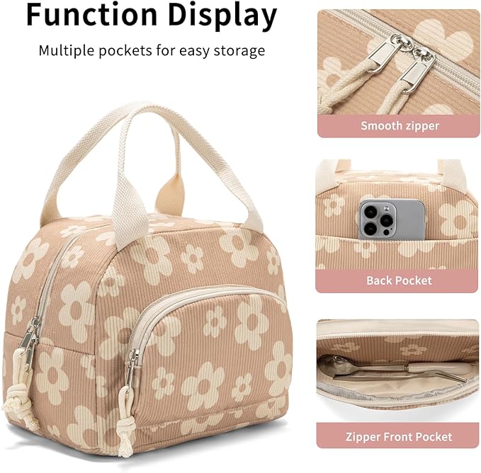 Lunch Bag Women Lunch Box for Women Adult Cute Insulated Lunch Bag Small Cooler Lunch Tote Bags for Work Picnic School (Brown-Flower)