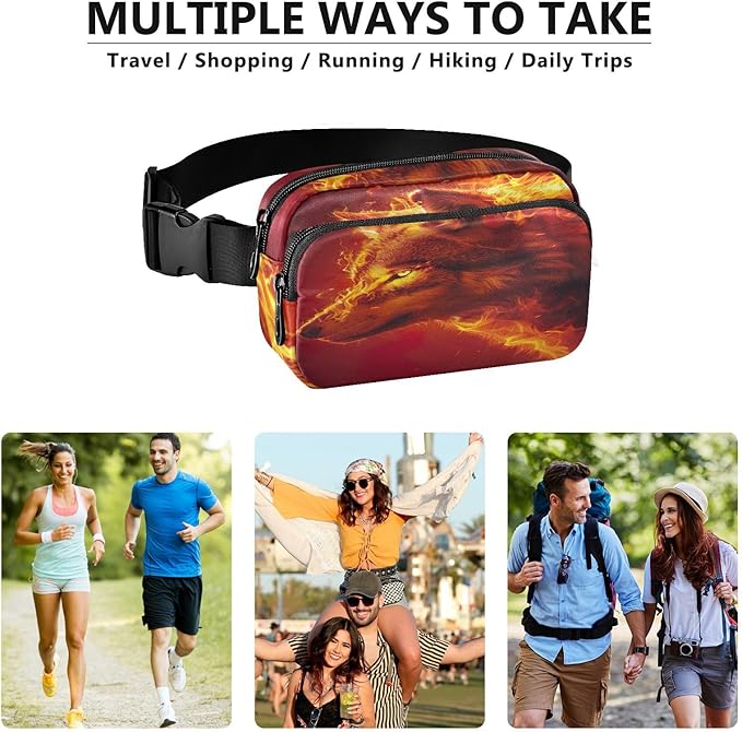 Fire Flame Wolf Head Fanny Pack for Women Men Water Resistant Fashion Waist Packs with Adjustable Strap Belt Bag for Travel Workout Jogging Hiking 21220171