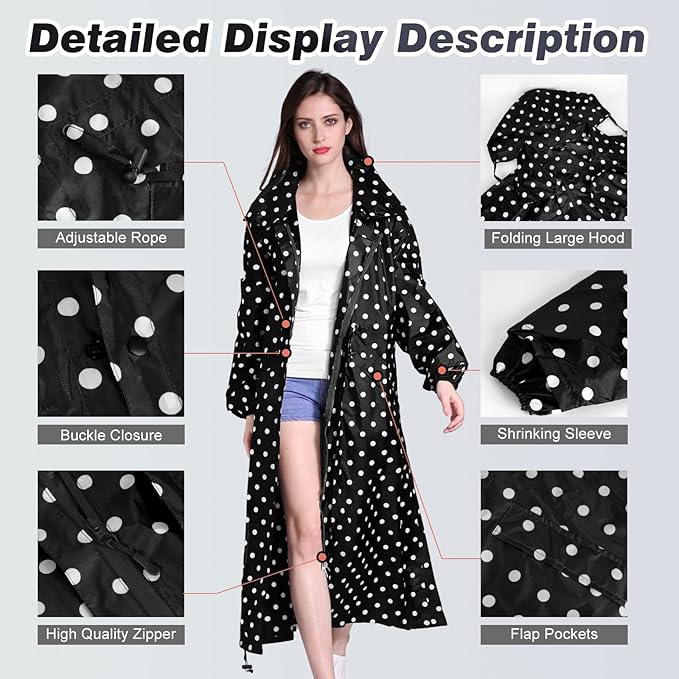 LAMA Womens Long Raincoats Rain Jacket Waterproof Packable Hooded Windbreaker Lightweight Adjustable Waist for Outdoor
