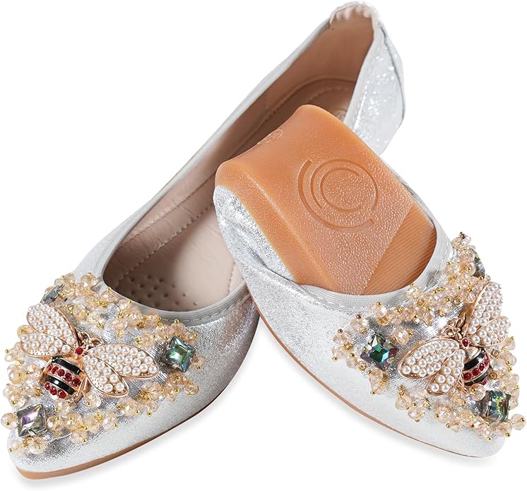 Women Ballet Flats Sparkly Rhinestone Wedding Ballerina Shoes Pointed Toe Foldable Comfort Slip on Flat Dress Shoes