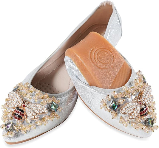 Women Ballet Flats Sparkly Rhinestone Wedding Ballerina Shoes Pointed Toe Foldable Comfort Slip on Flat Dress Shoes