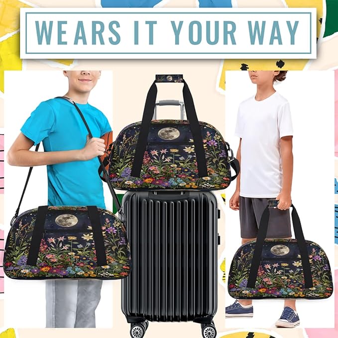 Travel Duffle Bag for travel duffle bag sports Girls Boys Kids Night View Moon Flowers Lightweight Overnight Sleepover Weekender Bags Small Dance Gym Sport Bag Teens Carry-On Size Workout Bag