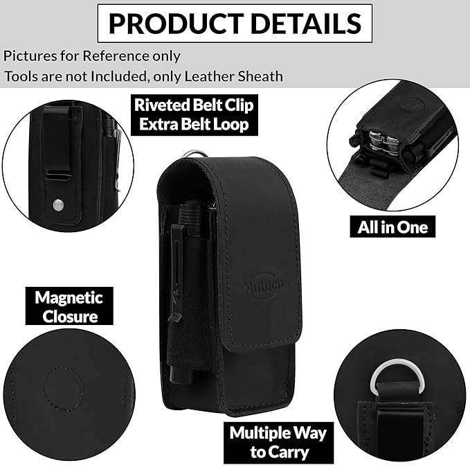 Leather EDC Multitool Sheath with Flip Closure | Leather EDC Belt Organizer | Flashlight Holster | Heavy Duty Multitool Organizer