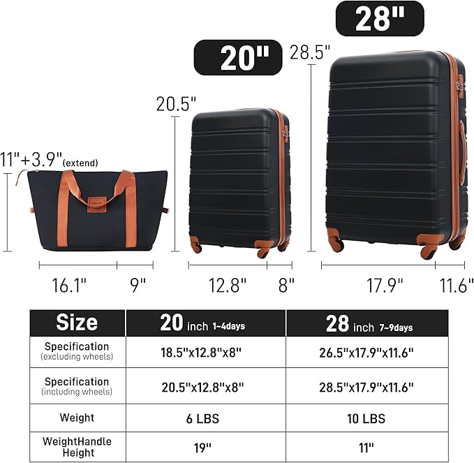 Merax Luggage Sets 2 Piece Expandable Hardside Luggage with Travel Bag Suitcase Set with Spinner Wheels(20+28+bag,Black+Brown-1)