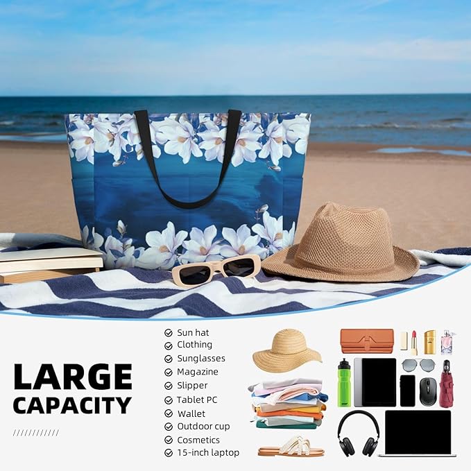 Large Beach Bag for Women Waterproof Foldable Travel Shoulder Tote Bag with Pocket for Weekender Pool Vacation