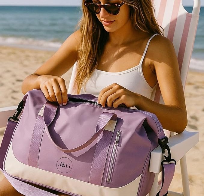 J&G Waterproof Gym Duffel Bag – Lightweight Travel & Sports Bag with Shoe Compartment and Wet Pocket for Men & Women – Carry-On Weekender for Gym, Beach, Trips – 8 Colors (Light Purple)