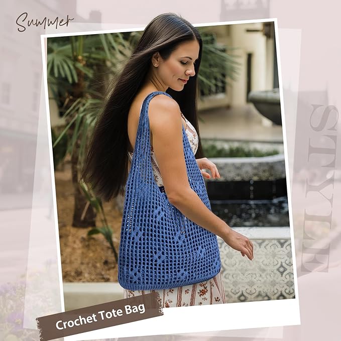 Sightor Crochet Tote Bag, Mesh Beach Bag Knit Summer Hobo Bag Vacation Boho Tote Bag for Women
