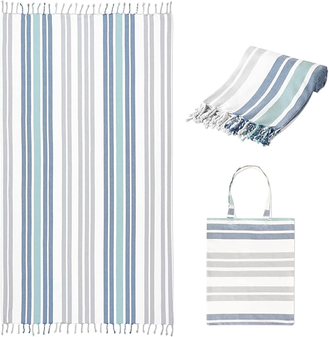 Folkulture Turkish Beach Towel for Adults with Travel Bag 40" x 72" Bath Towels, Beach Blanket or Oversized Sandproof Beach Towels, 100% Cotton Quick Dry, Lightweight and Large, (Ocean Blue)
