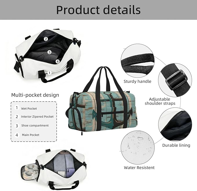 Sports Gym Bag Teal Green Wooden Board Anchor Travel Duffel Bag With Shoe Compartment Shoulder Strap, Lightweight Water-Resistant Weekend Overnight Totes For Women Men