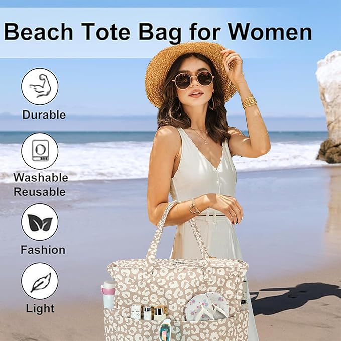 LEDAOU Large Beach Bag Women Waterproof Sandproof Zipper Beach Tote Pool Bag for Swim Gym Grocery Travel with Wet Pocket | Waterproof, Sandproof, Zipper, Pool, Gym, Grocery