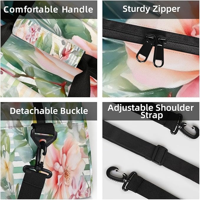 Travel Duffle Bag, Peach Floral Stripe Watercolor Waterproof Weekender Overnight Bags for Women Men Lightweight Carry on Duffle Gym Bag for Travel, Sports, Fitness, Workout