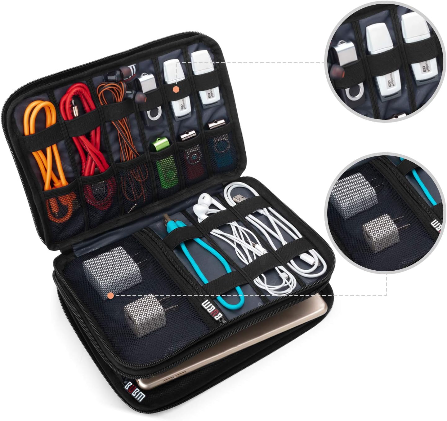 BUBM Double Layer Electronic Accessories Organizer, Travel Gadget Bag for Cables, USB Flash Drive, Plug and More, Perfect Size Fits for iPad Mini (Medium, Blue)