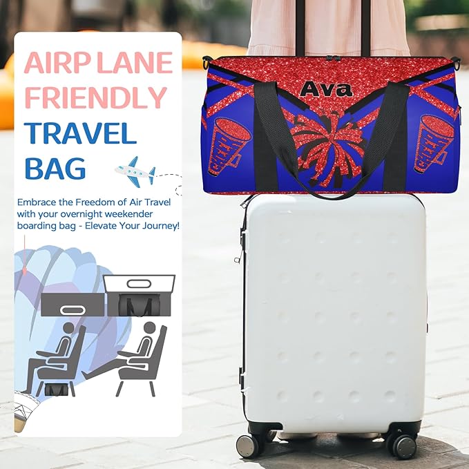 Personalized Teens Sport Duffle Gymnastics Bag, Custom Name Cheerleaders Carry On Weekender Bag for Women Travel Business Trip, Red Sequins Glitter Black Royal Blue
