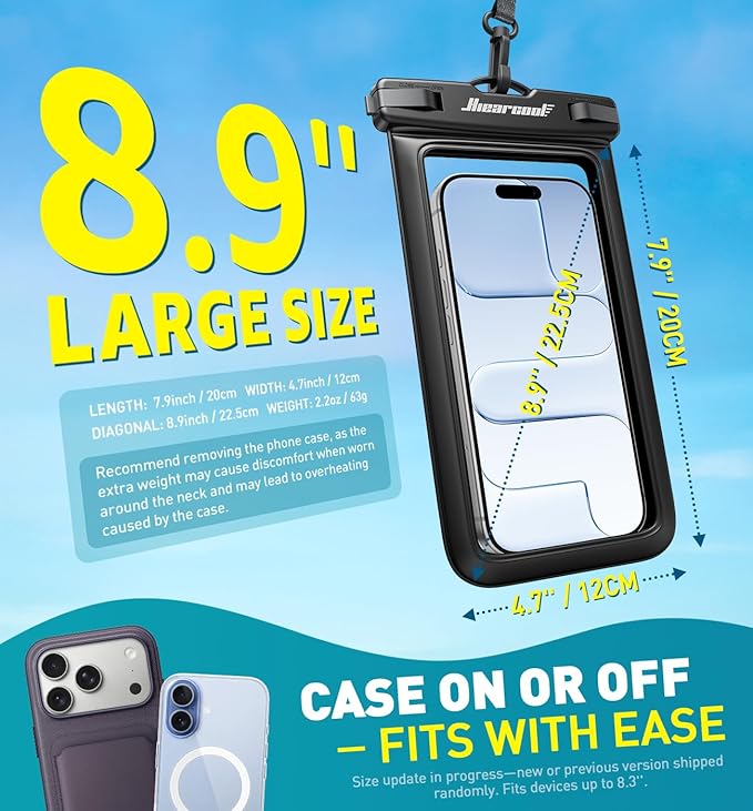Hiearcool Waterproof Phone Pouch, Universal Case Compatible for iPhone 17 16 15 14 13 Pro Max Plus Up to 8.9", IPX8 Beach Travel Essentials-Black-2 Pack