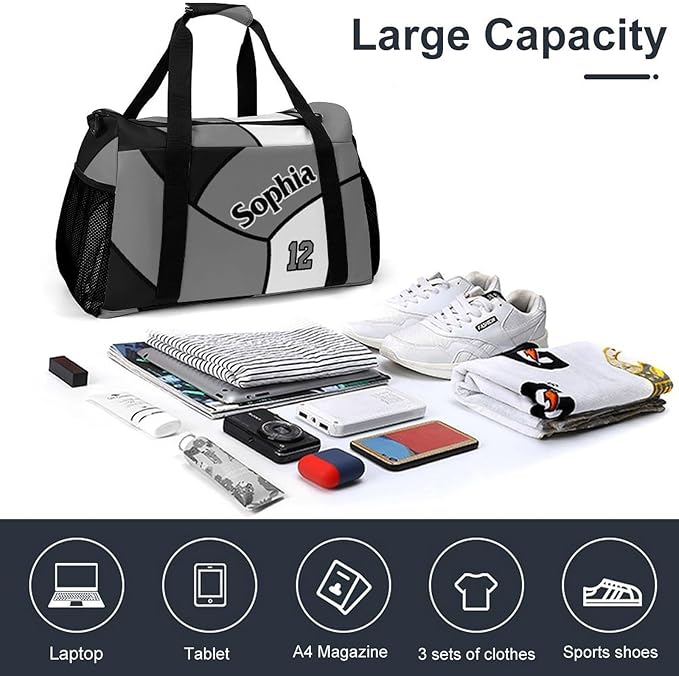 Custom Volleyball Black Grey Duffel Bag with Name Personalized Travel Bags Sport Gym Bag Carry On Weekender Bags for Men Women