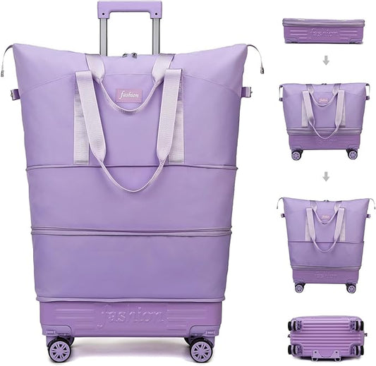 Rolling Duffle Bag with Wheels and Handle, Expandable Foldable Travel Bag - Wheeled Carry On Luggage, Collapsible Suitcase for Weekend Trips, Gym, Large Capacity & Waterproof (Purple)