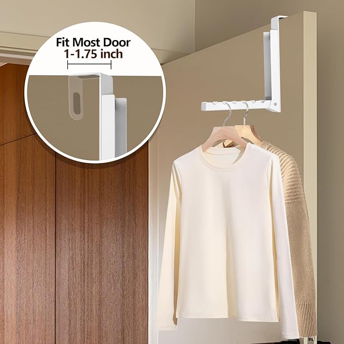 Uenhoy 2 Pack Foldable Over The Door Hanger Hooks for Clothes, Collapsible Folding Over The Door Drying Rack for Laundry Dorm Bedroom, Portable Clothing Coat Rack Overdoor Hanger, White