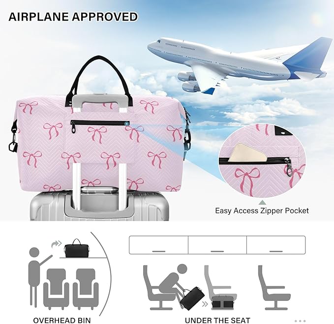 Travel Duffle Bag, Good Night Cute Bows Gym Bag with Storage Bag Weekender Overnight Bag for Men Women Trip Sports Yoga