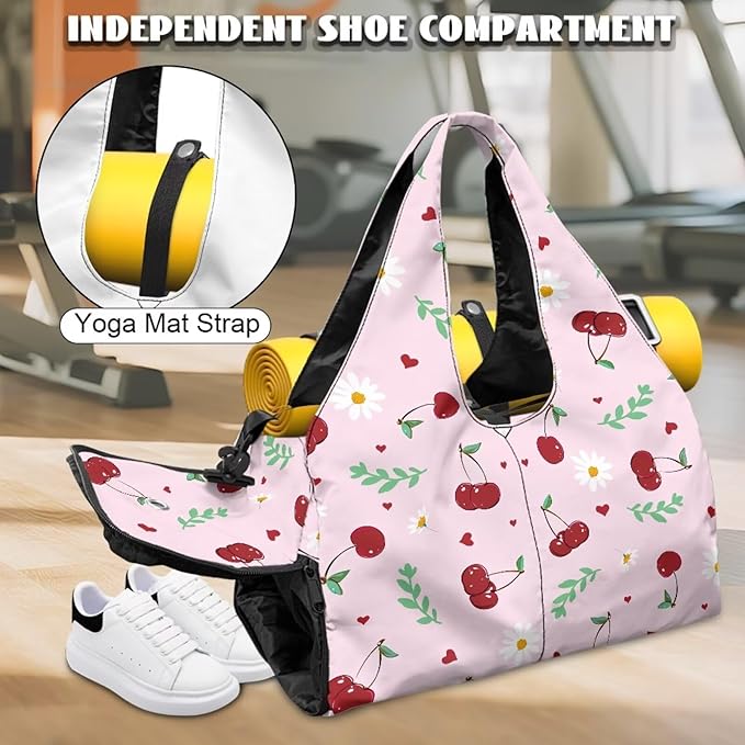 Pink Cherry Print Gym Bag with Yoga Mat Strap and Shoe Compartment, Portable Lightweight Gym Bag with Wet Pocket Water Resistant Gym Duffel for Swimming