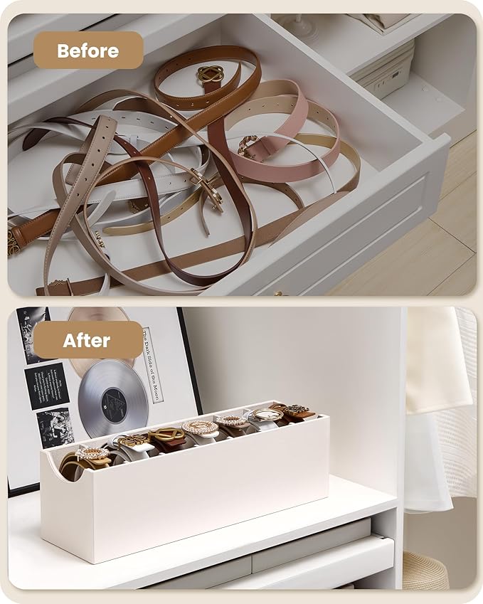 Lolalet 7 Compartments Belt Organizer, PU Leather Belt Holder with Soft Lining, Extra-Wide Slots for Women, Fits Drawer, Closet & Entryway Cabinet -1 Pack, Cream