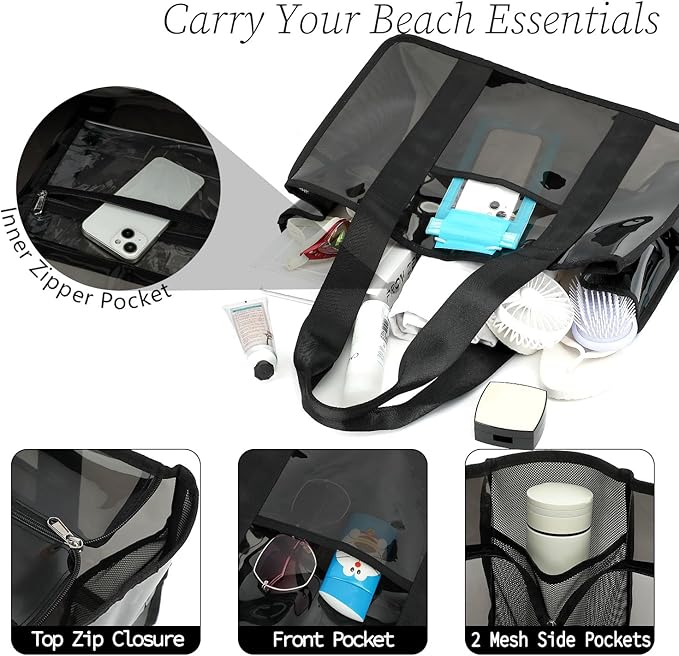 Iridescent Clear Beach Bag for Women, Large Pool Tote Cruise Vacation Essentials - Waterproof, Zipper Closure