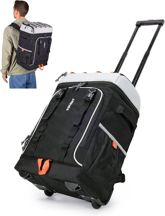 TOURIT 50-Can Rolling Backpack, Double Deck & Dual-Bar Handle Travel Soft Cooler Bag with Wheels, 30L Space Beach Cooler Size 18"(15"+3")×13"×11"