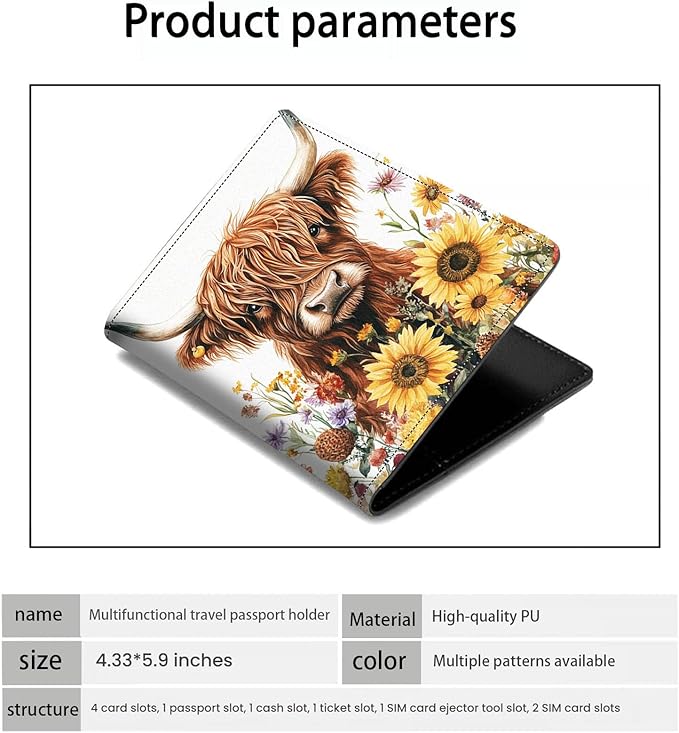 Passport Holder Wallet Cover Case,RFID Blocking Passport Cover,Large Capacity Travel Wallet with Multi Card Slots (Sunflower Highland Cattle)